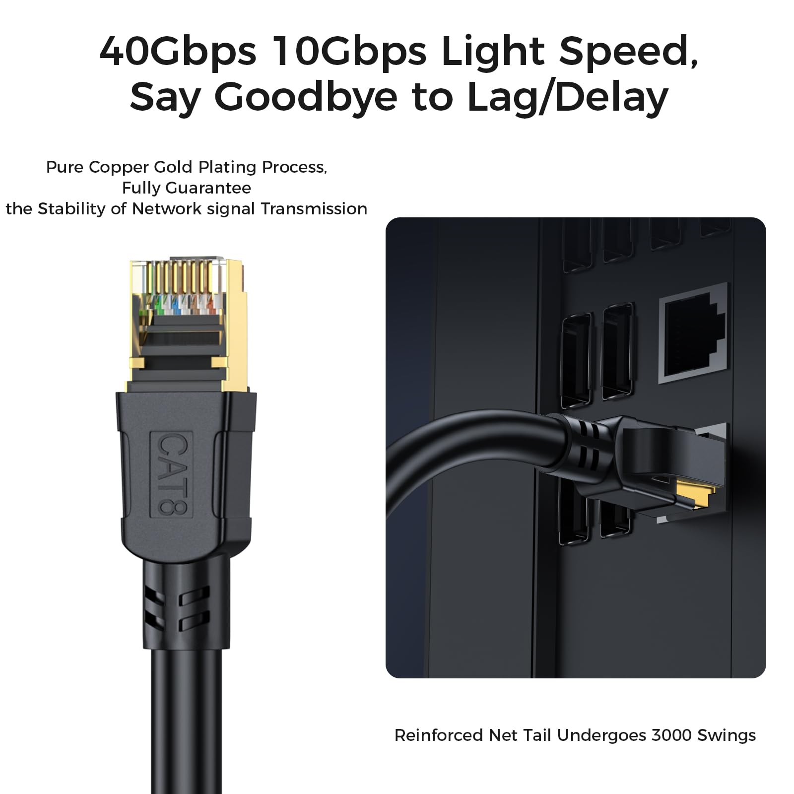 Cavo Ethernet Cat 8 50 metri, cavo patch LAN ad alta velocità per reti pesanti 20Gbps 2000Mhz con connettore RJ45 placcato oro