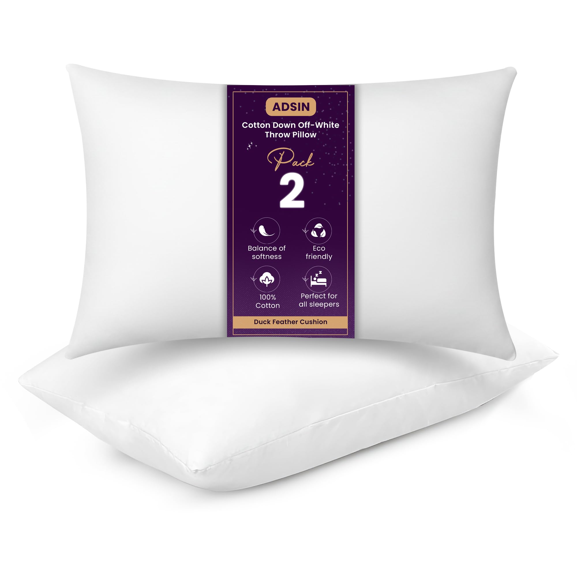 Adsin Off White Set Of 2 Duck Feather Cushion Inserts – 35Cm X 55Cm (14" X 22") – Off-White Throw Pillow Pads With 100% Cotton Down-Proof Cover – Soft & Supportive Inner Fillers For Sofas & Beds