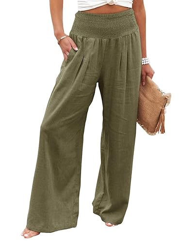Vansha Women Summer High Waisted Cotton Linen Palazzo Pants Wide