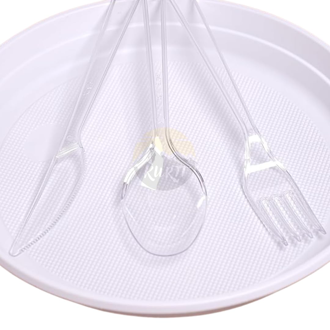 KURTT Wiederverwendbares Besteckset – 100x Messer, 100x Gabeln, 100x Löffel, Plastikbesteck 19 cm – Mehrweg Geschirrset, Partybesteck, Plastikgeschirr, BPA-frei – Spülmaschinenfest (300, Transparent)
