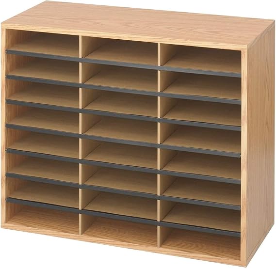 Safco Literature Organizer, 24 Compartments, Office and Classroom Mailbox with Adjustable Shelves, Wood Paper and Mail Sorter, Medium Oak