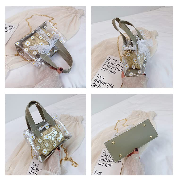 Sac de plage en paille imperméable et résistant au sable pour femme - Sac fourre-tout tissé en rotin transparent - Sac à main bohème, rose