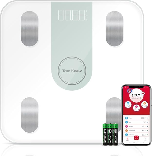 Body Fat Scale,TRUE Know Smart Bathroom Weight Scale Wireless BMI,iOS Android app Body Scale for Body Weight Body Fat, BMI, Water, Muscle Mass Bone 280mm White