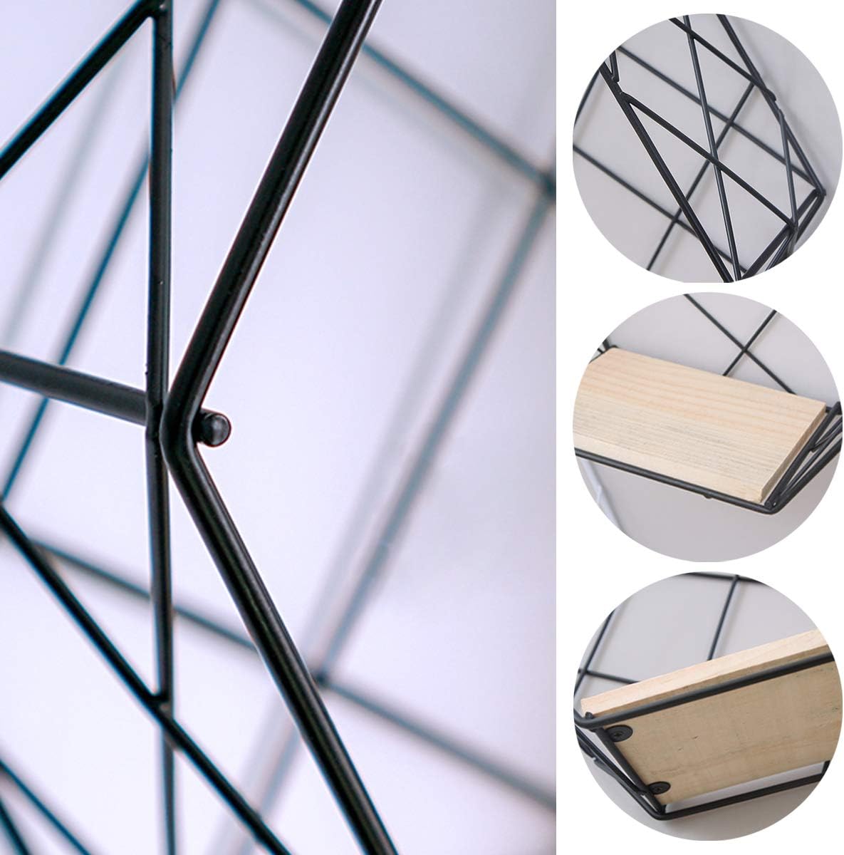 Floating Shelves Wall Mounted Metal Wire Art Hexagon Shelves with Solid Wood Board for Plant Display Storage Racks & Organiser - Image 4
