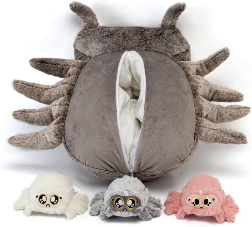 Cuddly Spider Plush Toy with Surprise - Soft Stuffed Animal Mommy Spider with 3 Baby Spiders in Zipper Tummy, Set for Kids, Fun Interactive Plushie for Ages 3-8(18 inch)
