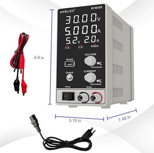 Miniatura 6 de Fuente de alimentación CC variable 30V 5A, Hyelec Fuente de alimentación regulada de conmutación ajustable con pantalla LED de 4 dígitos, ajustes