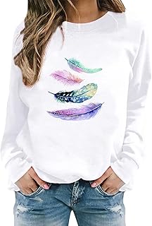 UIFLQXX Blusa de moletom feminina casual com estampa de penas, blusa de malha de lã lisa, gola redonda, ajuste solto