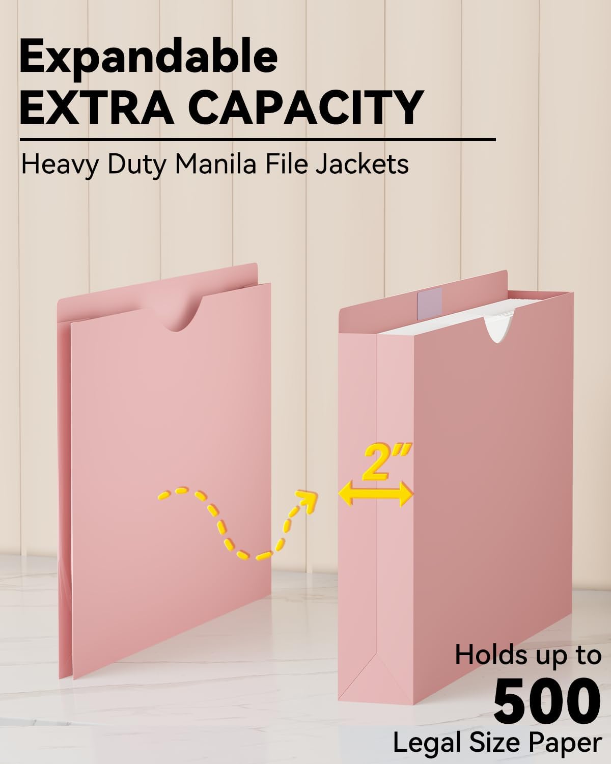 ANSOOK Plastic Manila File Jackets & File Pockets,Extra Capacity 2" Legal Size Manila Job File Folder,12 Pack Expansion Project File Jackets,Heavy Duty Legal File Cabinet Folder with Straight Cut Tab