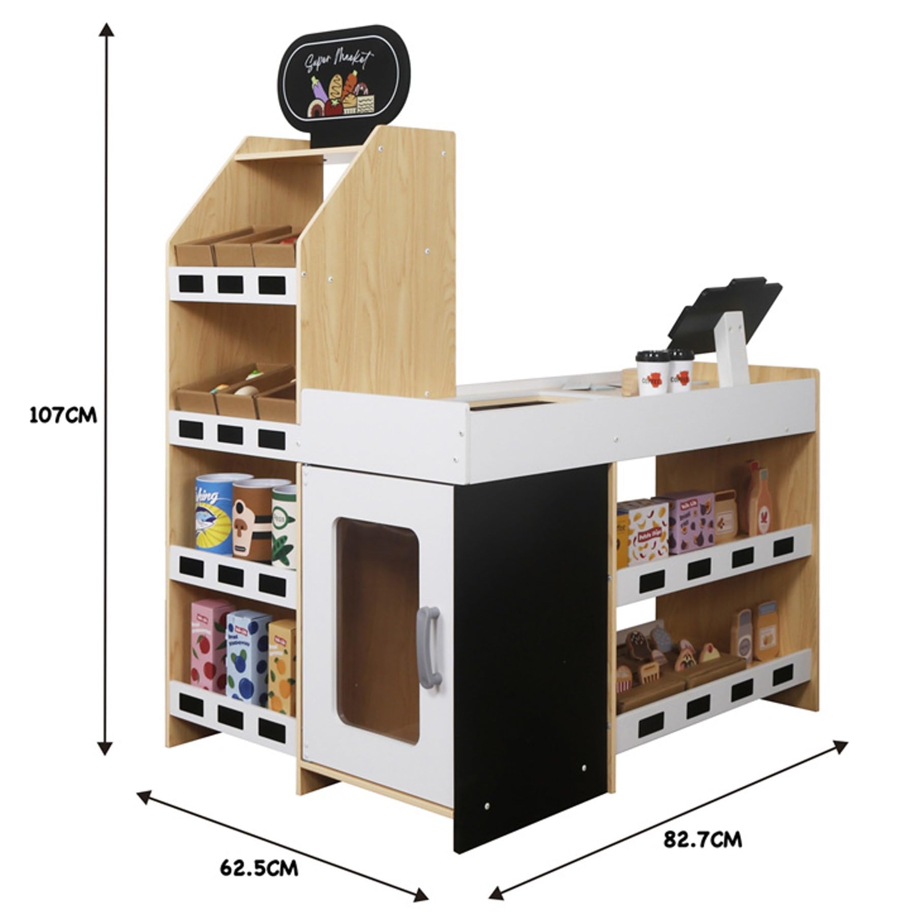 Holz Kaufladen Kinder Supermarkt Weiß – Spielküche Einkaufsladen mit Registrierkasse, Lebensmittel, Obst, Gemüse, Süßigkeiten, Fast Food, Spielgeld & Zubehör, Rollenspiel ab 3 Jahren