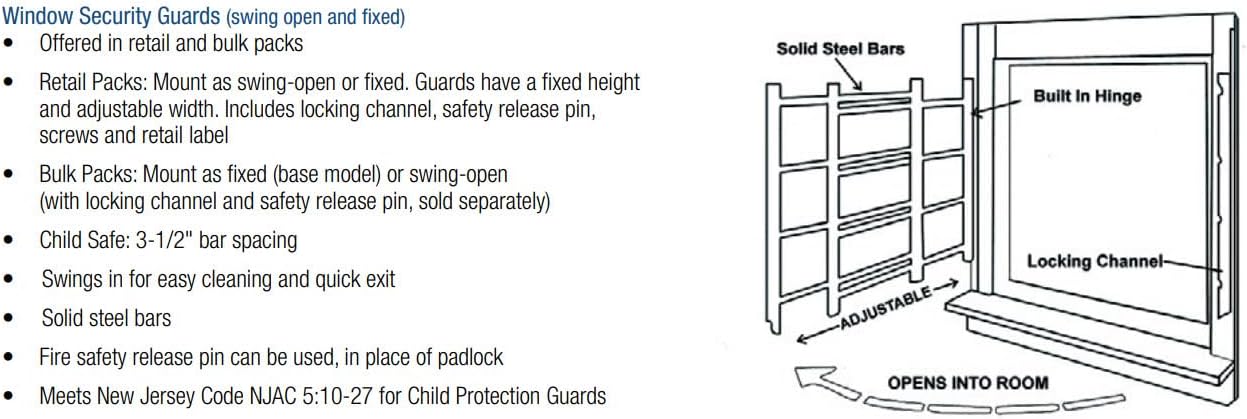 Knape & Vogt 1133 Fixed Window Safety Guard, for Children, Pets, Home Security, 3-Bars, Adjustable Width 24" to 42", Max Height: 10-3/8", White