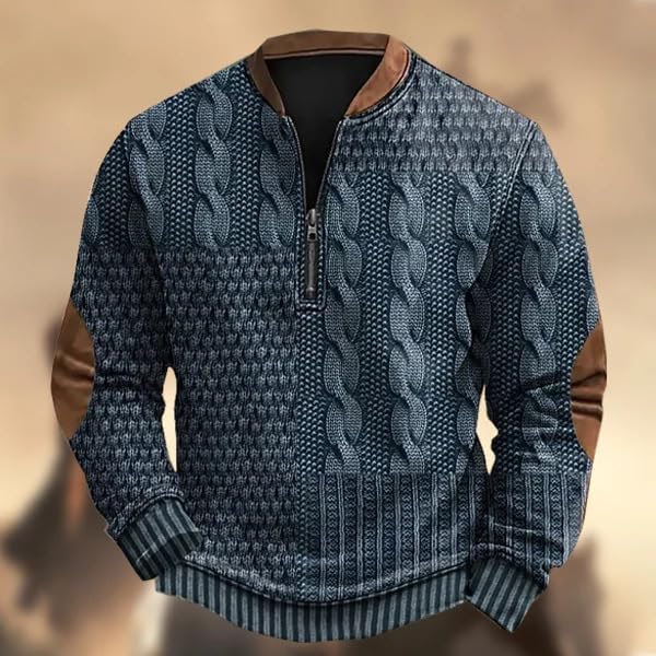 Men's Vintage Knit Print Zip-Up Sweatshirt,Quarter Zip Fall Casual Long Sleeve Western Pullovers with Elbow Patches2