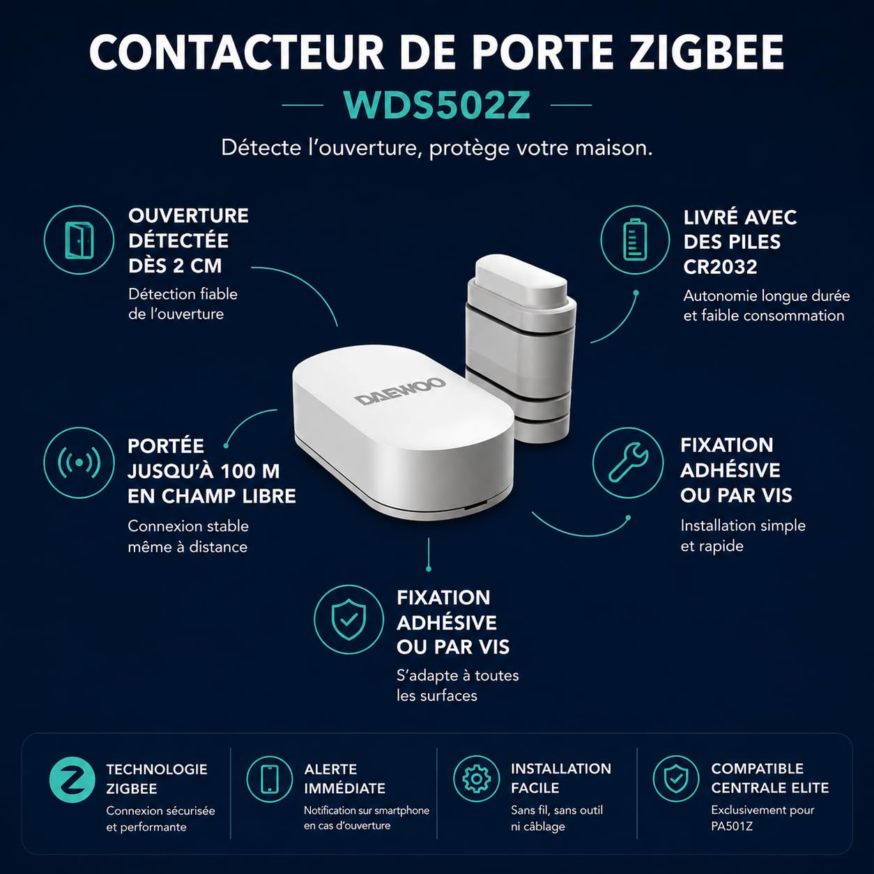 Daewoo Contacteur Porte Fenêtre Zigbee WDS502Z – Pack de 3 – Compatible Centrale Elite PA501Z – Alerte Instantanée – App Daewoo Home Connect – sans Abonnement