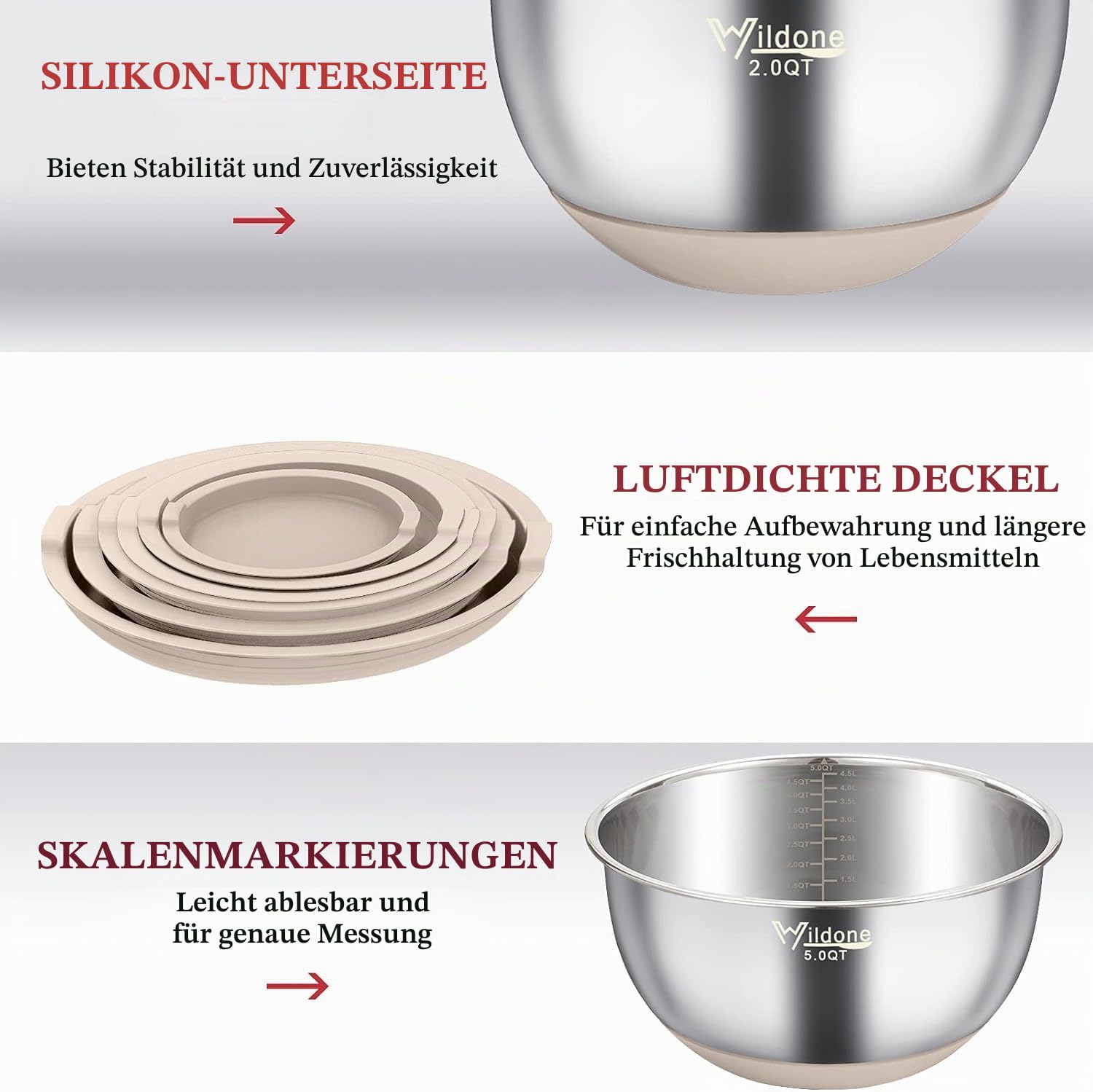 Wildone Rührschüsseln mit luftdichten Deckeln, 22 Stück Edelstahl-Metallschüsseln, 3 Reiben, Messmarkierungen und rutschfeste Unterseite, 0.63 QT, ideal zum Mixen und Servieren (Khaki)