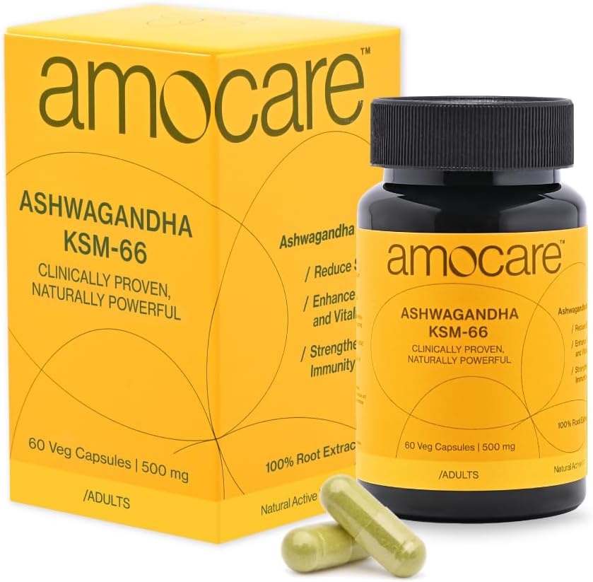 Amocare Ashwagandha KSM66 | Veg Capsules (60) | World's Most Clinically Studied Ashwagandha | Full Spectrum Root Extract | >5% Withanolides | Overall Well-being and Strength