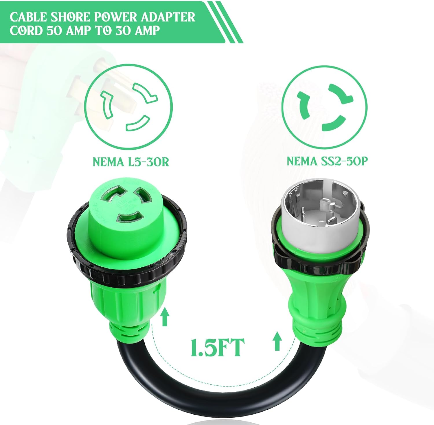 Kanayu NEMA SS2-50P to L5-30R Marine Shore Power Adapter, Marine 50 Amp 125/250v Male to L5-30 125 Volt 30 Amp Shore Power Female Converter, Lock Adapter, 1.8ft(Green)