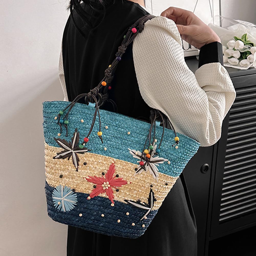 Borsa a tracolla ricamata a mano in paglia bohémien con perline per viaggi