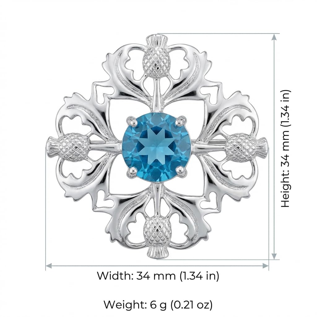 Alexander Castle Silberne schottische Distel-Brosche, 925er-Sterlingsilber, 34 mm x 34 mm, Dornverschluss, blauer Stein