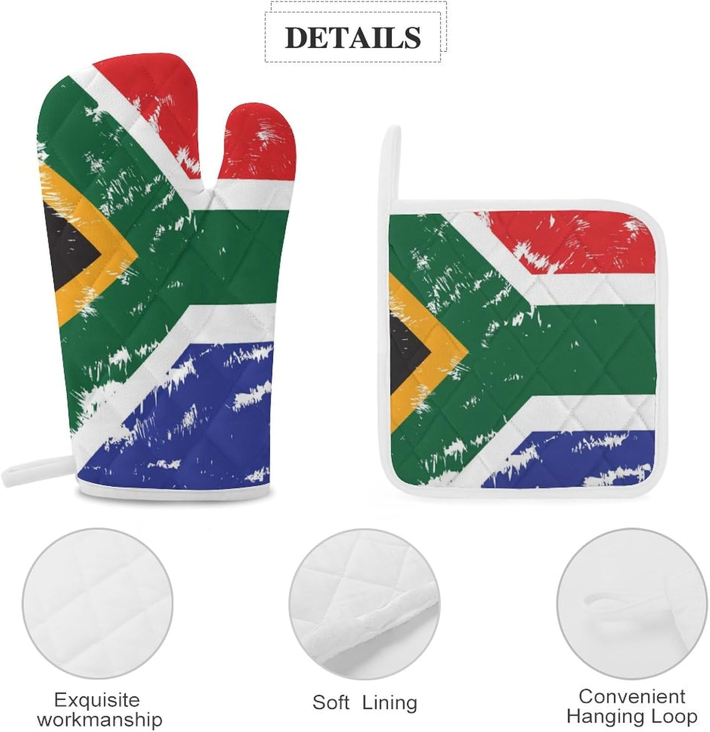 South African Flag Print Oven Mitts and Pot Holders 3 Piece Sets Heat Resistant Gloves Hot Pads Potholders for Kitchen Baking Cooking