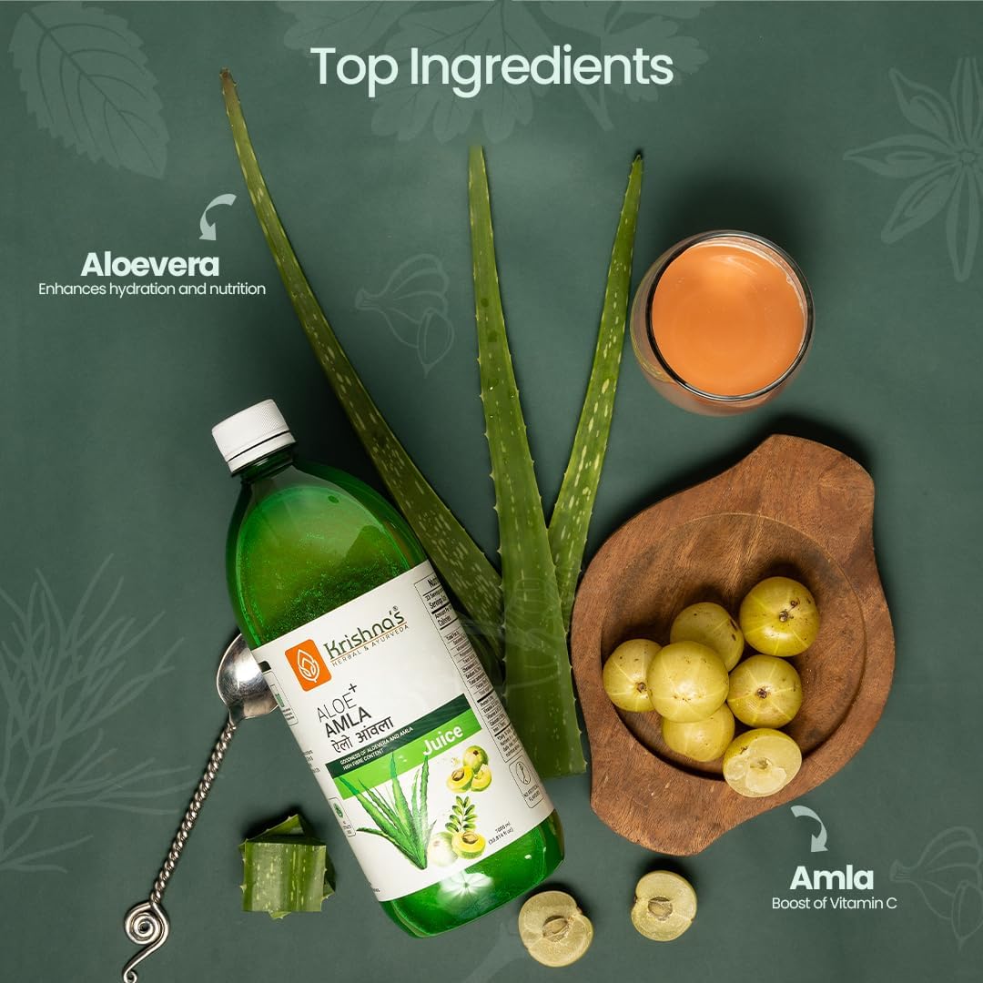 Krishna's Aloe Vera Amla Mix Juice - 500 ml | Una mezcla perfecta para un cuerpo saludable | Para cabello sano, piel, digestión e inmunidad