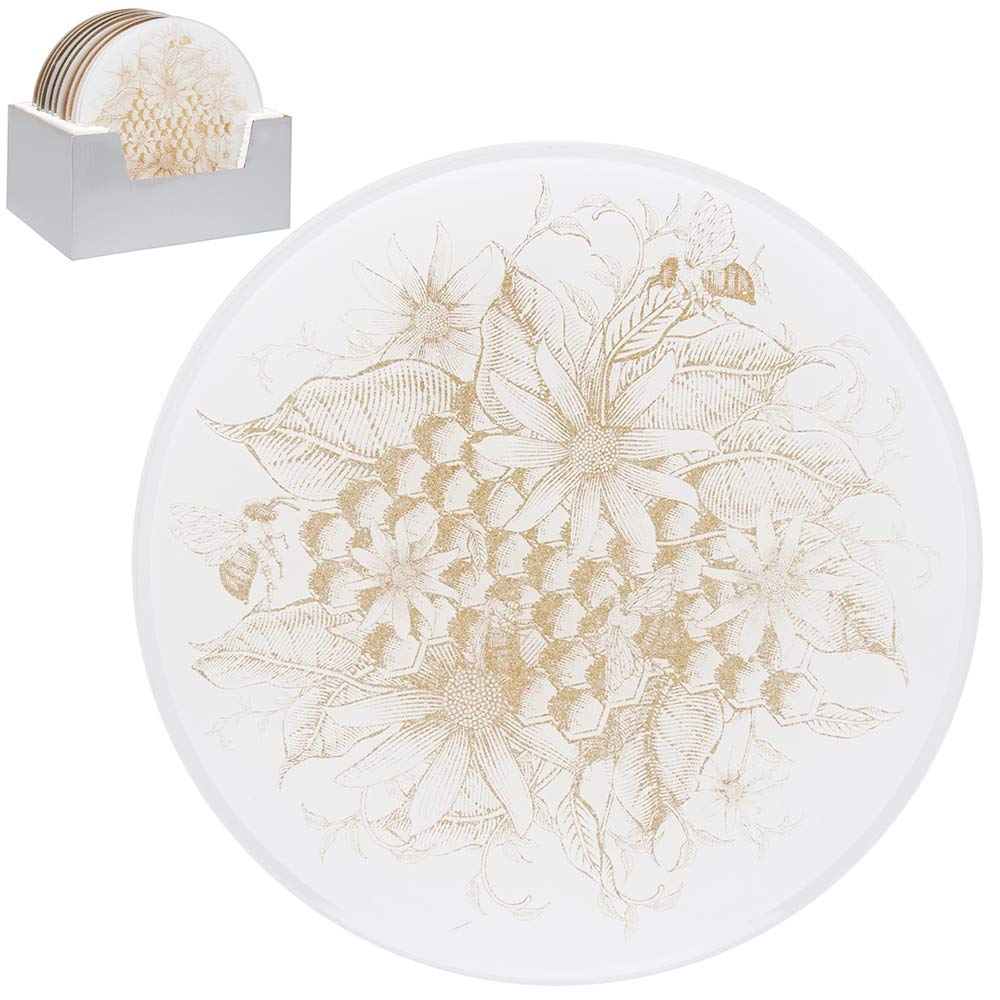 20cm Wide Round Honeycomb Mirror Glass Candle Plate Glitter Gold Bees Gift Idea