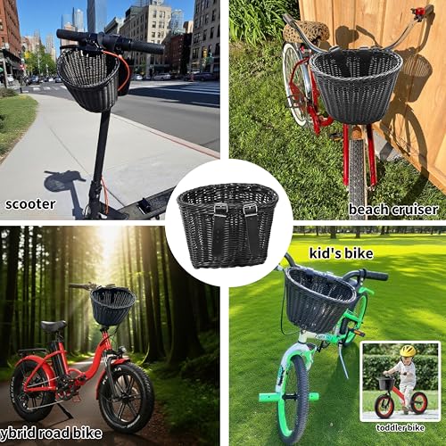Bike Basket Front for Kids & Adult, Detachable Rattan-Style, Black, Small - image 2
