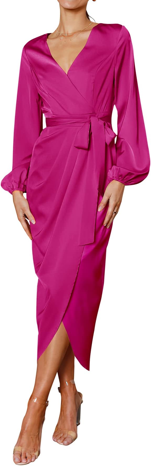 PRETTYGARDEN Women's Maxi Satin Dress Puff Sleeve Wrap V Neck Ruched Belted Long Formal Cocktail Dresses (Rose Red,Small)