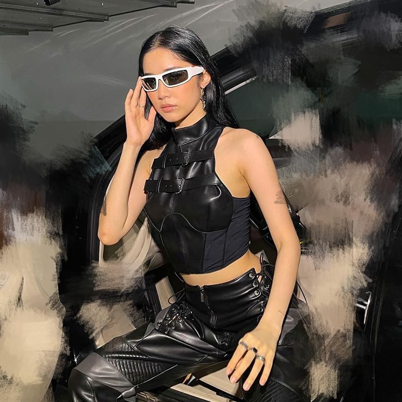 Women's Faux Leather Y2K Tank Top High Neck Front Buckle Punk Slim Fit Bandeau Crop Tops Bustier - Image 2