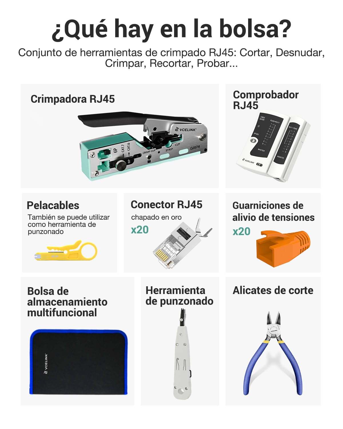 VCELINK Kit de Crimpadora RJ45 Profesional Compatible con CAT7/CAT6A/CAT6/CAT5E/CAT5, Incluye Comprobador RJ45, Pelacables, 20 x Conectores RJ45, Impacto RJ45, Alicates de Corte, Bolso de Tela