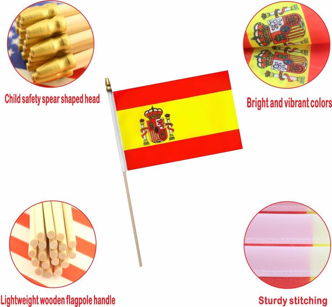20 Pack Spain Flags Spanish Stick Flag Small Mini Handheld Flags with 12.6inch Wooden Poles for National Day,World Cup,Sports Events, Party Decorations (5×8 Inches) - Image 3