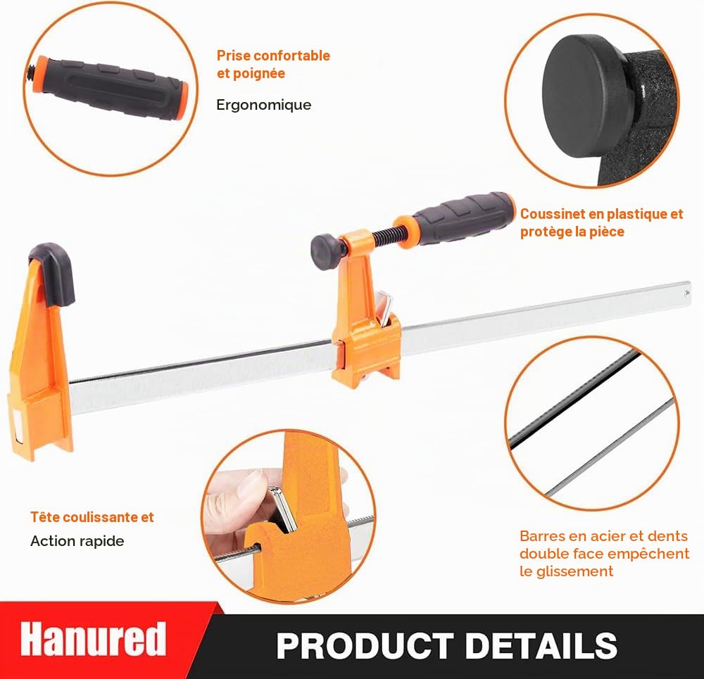 Lot de 4 Serre-joints, Largeur de Serrage 900mm, Profondeur de la mâchoire 60mm, Force de Serrage Maximale de 270kg, Ajustables et à Dégagement Rapide