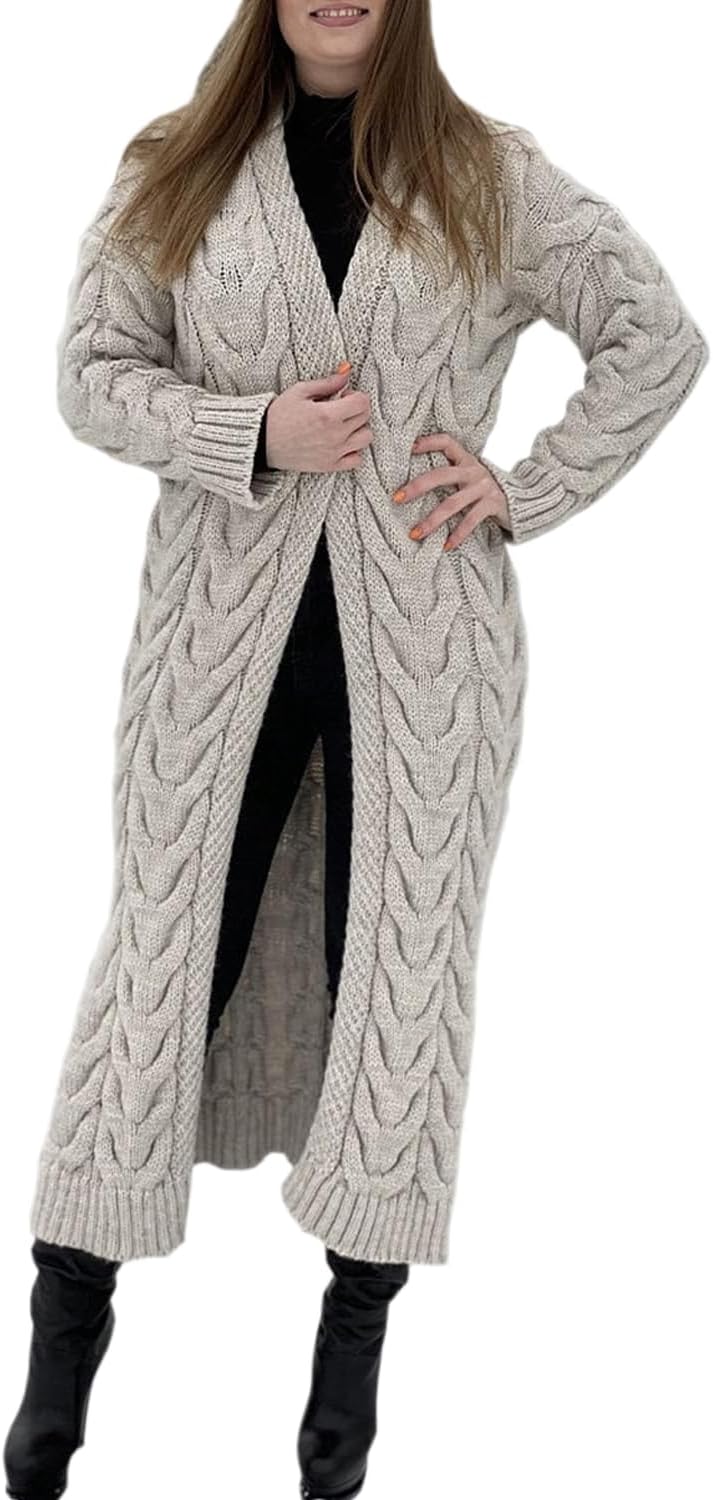 Women Long Sleeve Solid Cable Knit Belted Chunky Maxi Sweater Cardigan Ribbed Longer Length Knitwear Cardigan