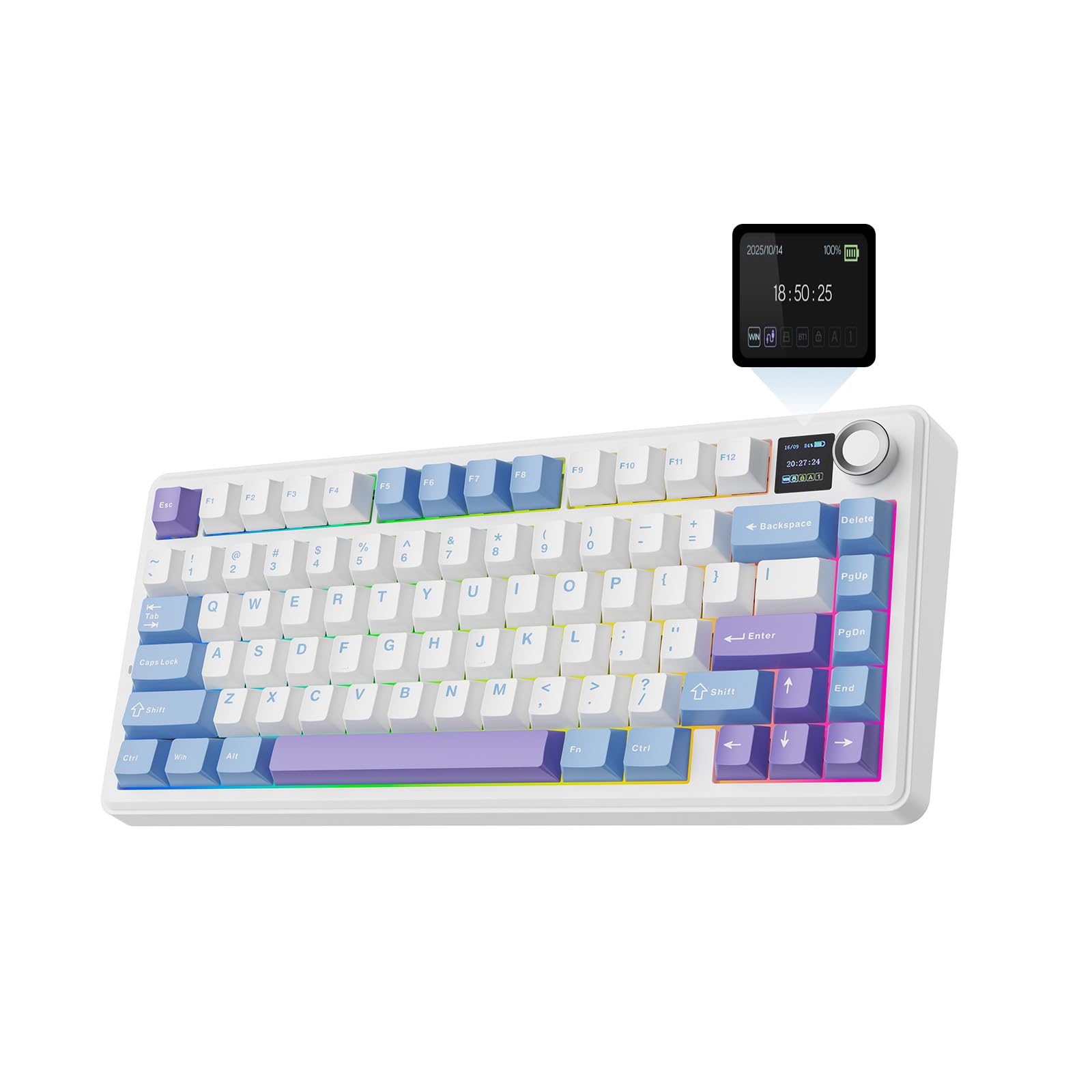 EPOMAKER X Aula F75 MAX Wireless Mechanical Keyboard with TFT Screen and Knob, Gasket Gaming Keyboard in 75% Layout, Hot Swappable, RGB Backlight, for PC/Mac/Linux (Blue&White&Purple)