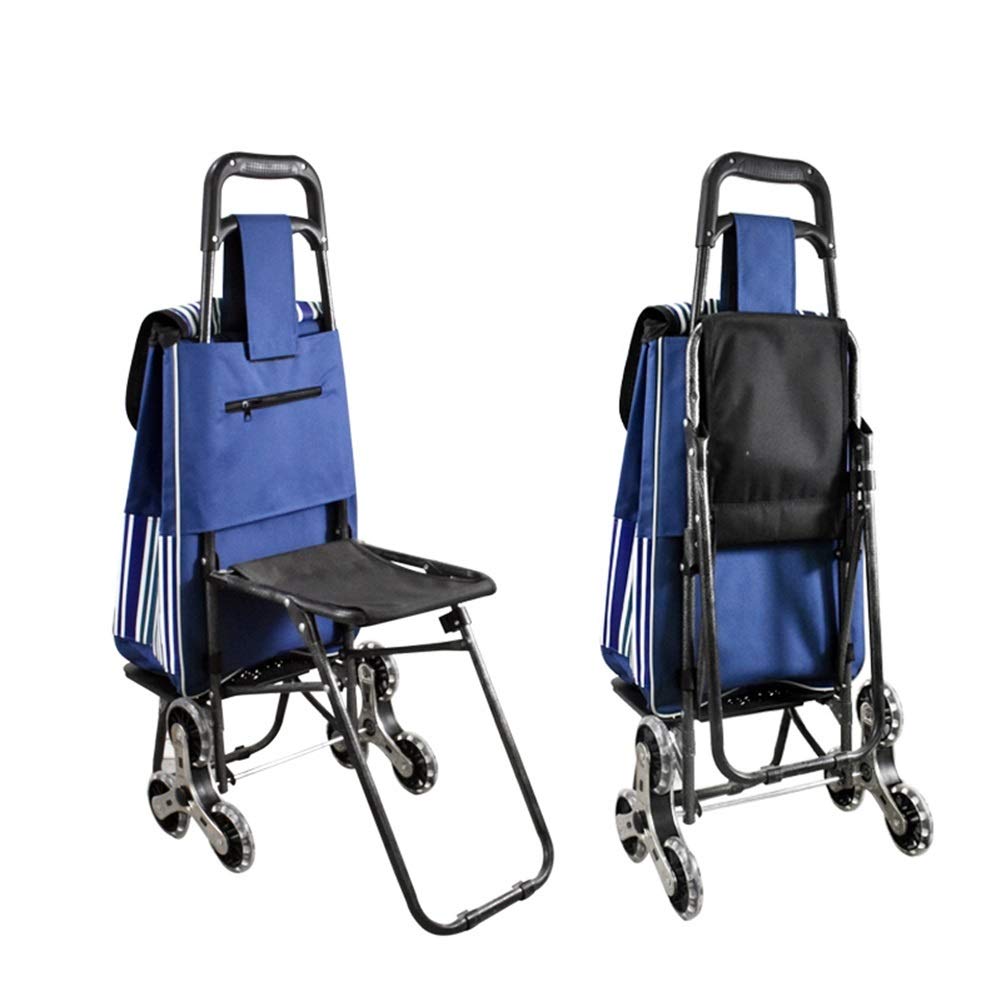 AnSafe Einkaufstrolley, Tragbar Faltbar Wiederverwendbar Handwagen Mit 6 Rädern Stark Dauerhaft Einkaufswagen Mit wasserdichte Tasche, Sitz (Farbe : Blau)