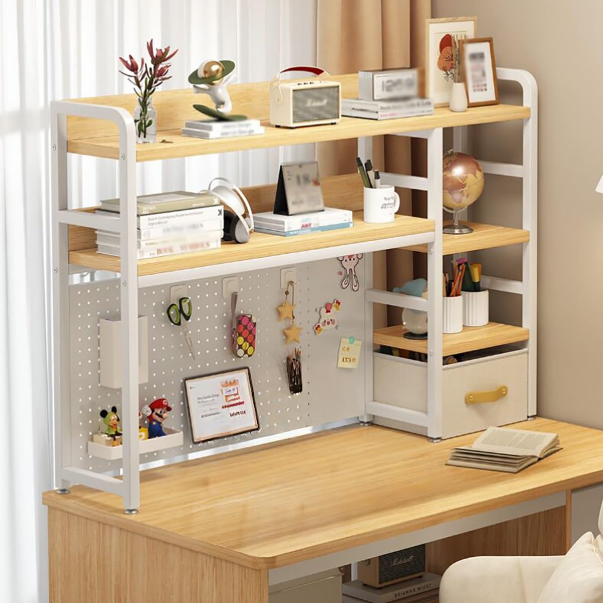 Nadstawka na biurko ze stali węglowej z metalową ścianką perforowaną, 3-poziomowy organizer na biurko o dużej pojemności(Wood color,115cm/45)