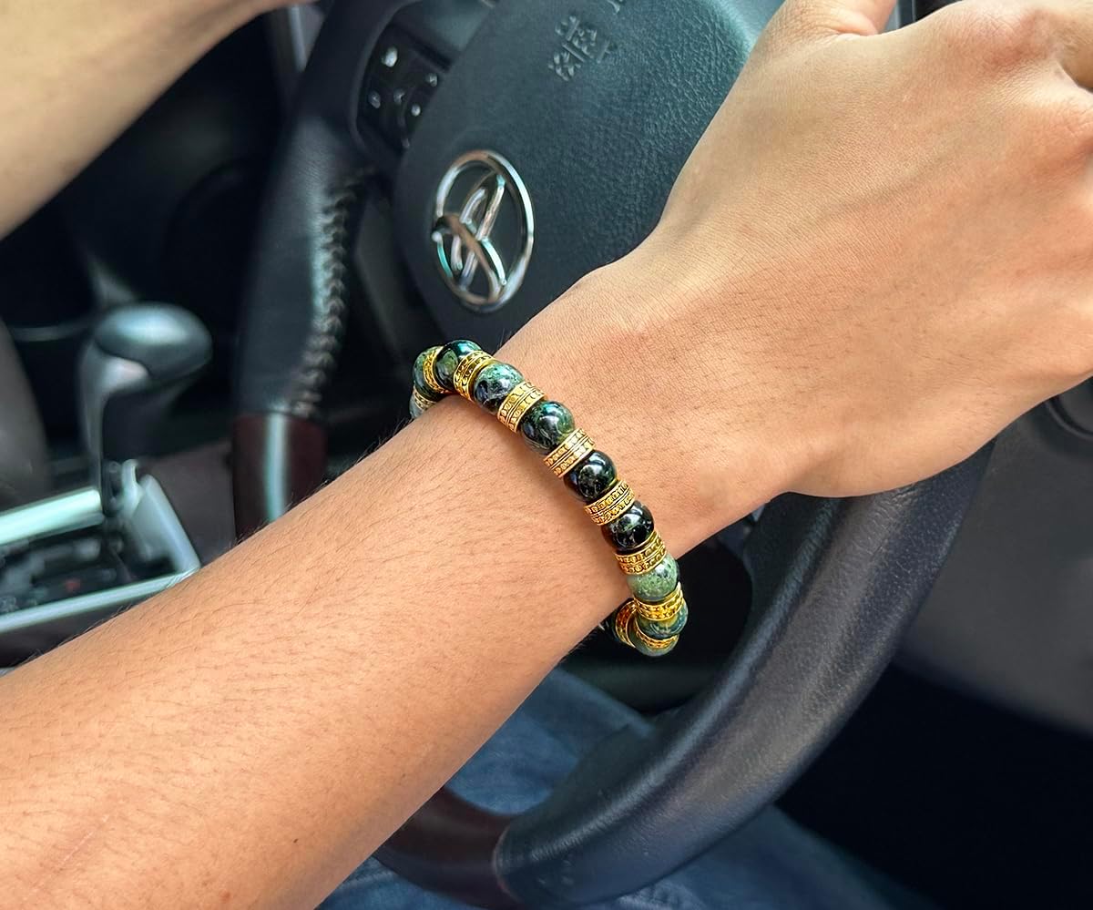 Kartini Studio Men's Luxury Bead Bracelet, Jade and 22 Karat Gold Bracelet, Dark Green Nephrite Jewelry, Gift for Man - Image 5