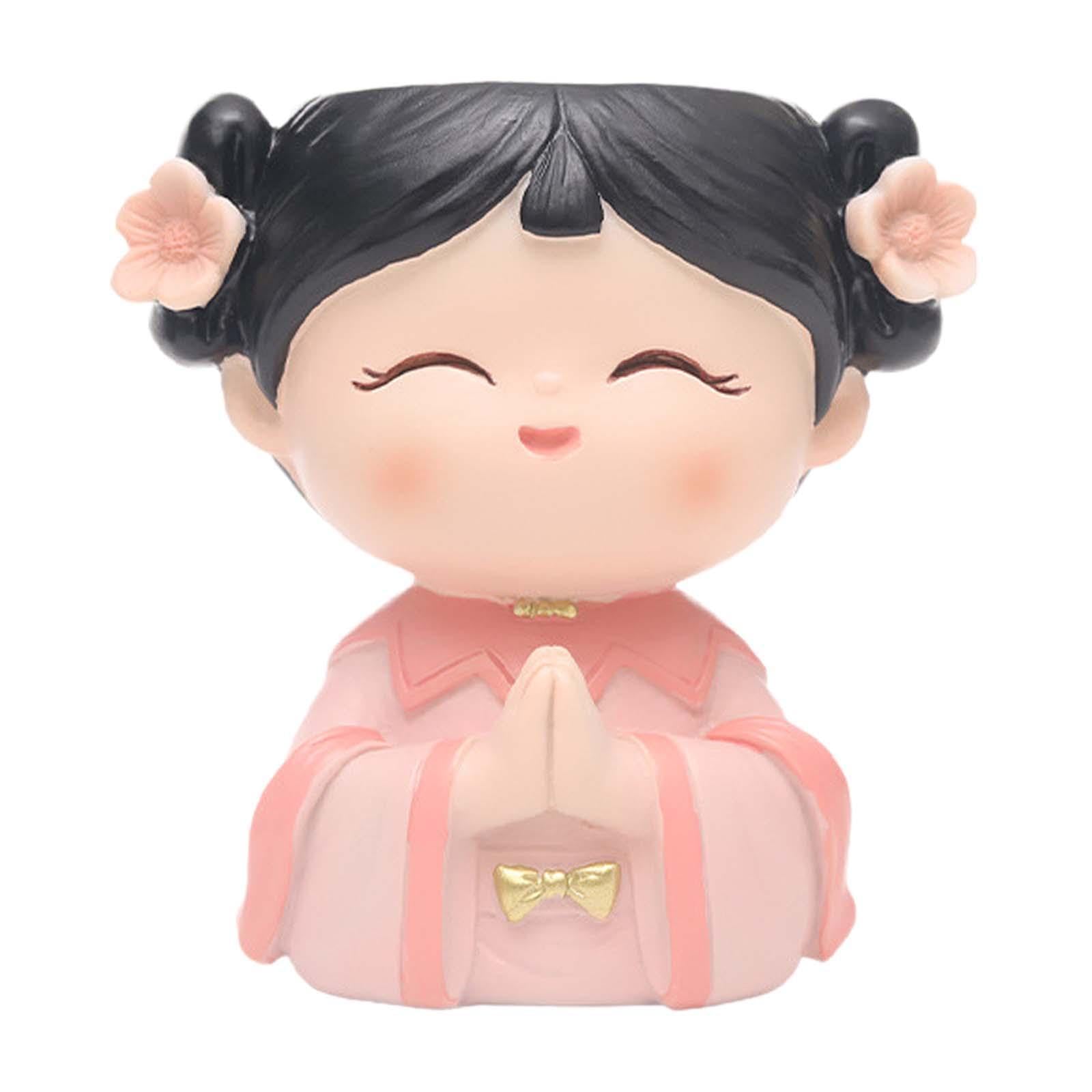 Amslsiu Girls Pink Energizing Head Planter Cute Plant Pot Resin Flower Pot Decorative Ornaments Indoor Outdoor Space Creativity Enhancer Desktop Flowerpot Statue,