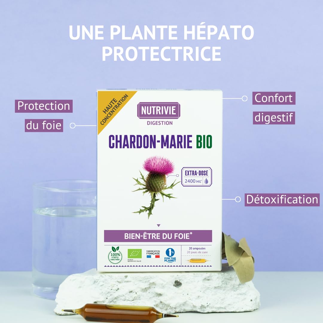Chardon Marie Bio - Hautement dosé 2400 mg par dose - Protection du foie et Confort Digestif - 20 ampoules - Fabriqué en France - Nutrivie