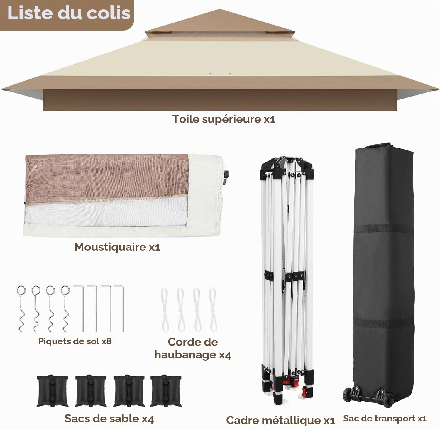 Tonnelle Pliante 3,3 x 3,3 m imperméable,avec 4 Toiles Moustiquaires, One Push Tonnelle de Jardin,Tente de fête à Double Toit, 4 Sacs de Sable, pour terrasse/marché/Camping/Plage, Marron Kaki