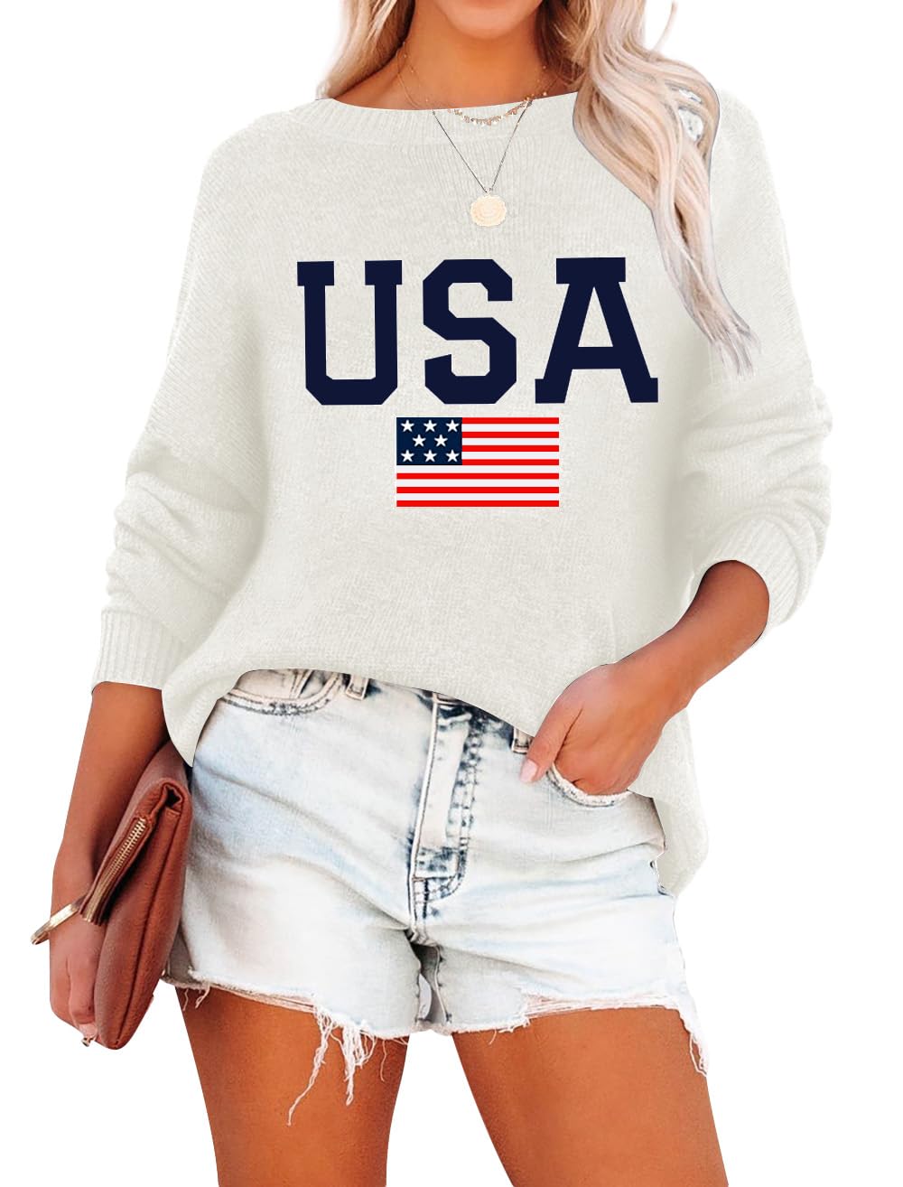 Lacozy Womens USA Sweater Long Sleeve Pullover American Flag Sweatshirt Crew Neck Loose Patriotic Tops Fall Clothes