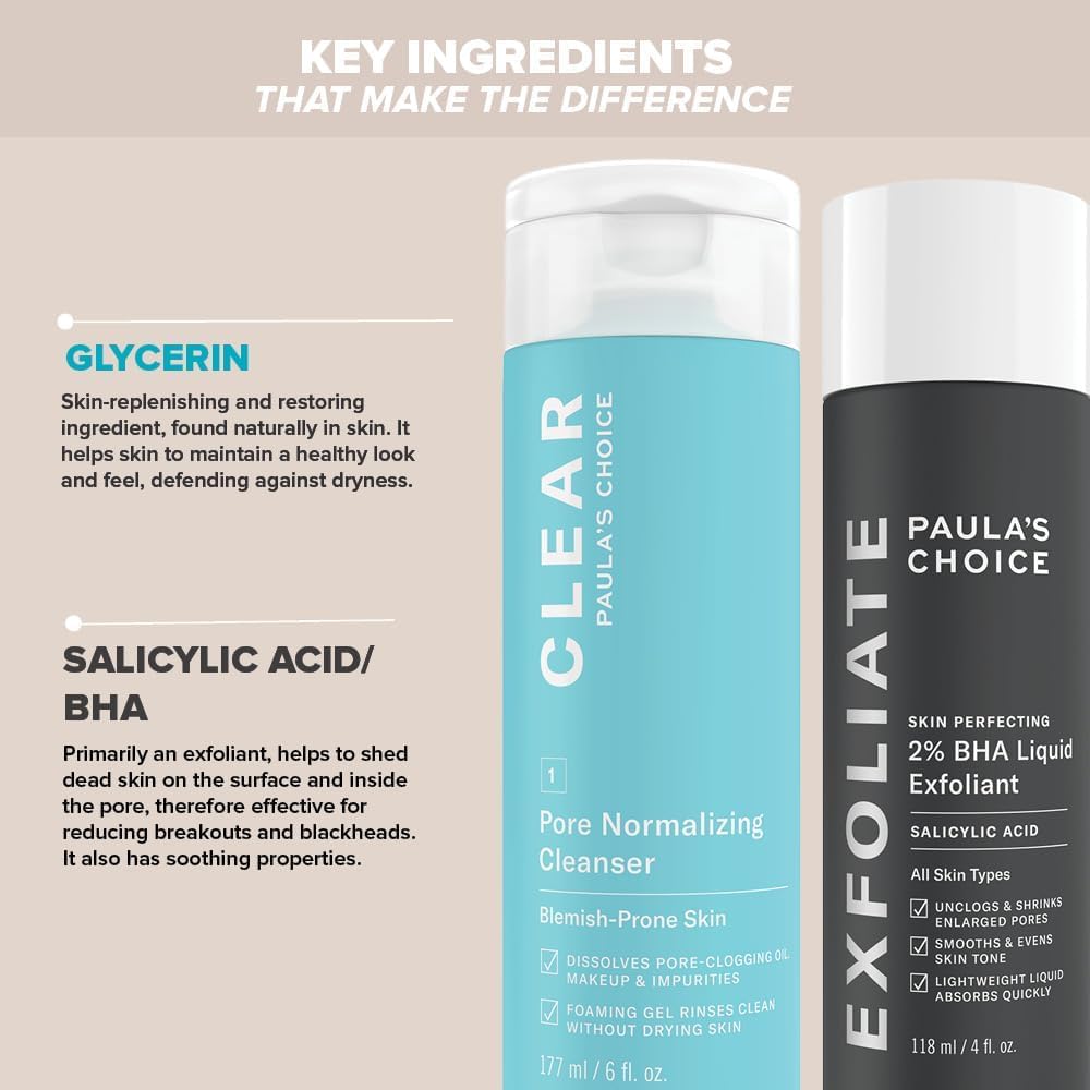 Paula's Choice Reinigen & Glow, Clear Gesichtsreiniger & 2% BHA Peeling | Gesichtsreiniger & Peeling - Reinigt die Haut & für einen strahlenden Teint - mit Salicylsäure - Mischhaut bis Fettige Haut
