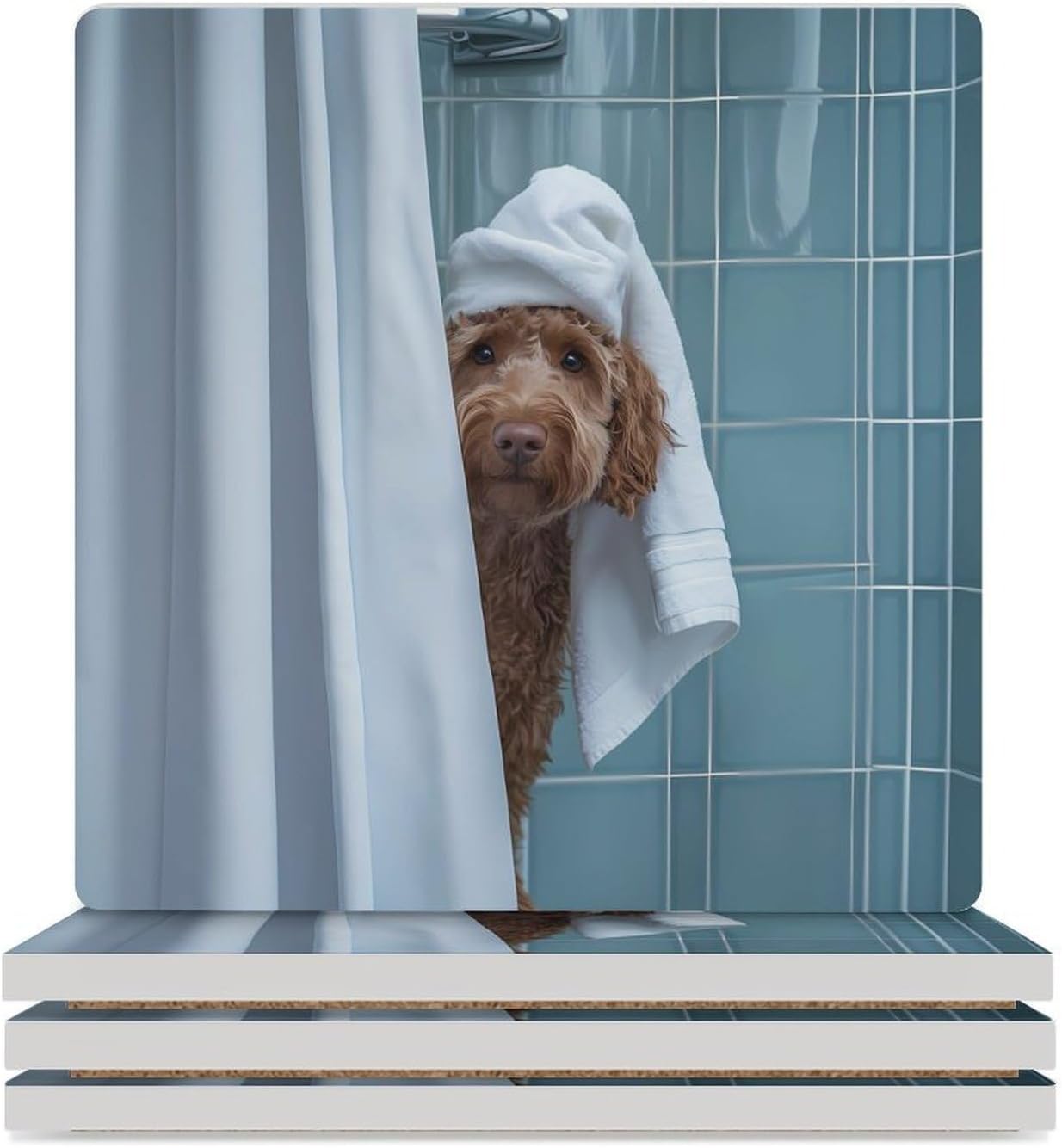 Bath Labradoodle Funny Ceramic Coasters for Drinks Absorbent Cup Holder Tabletop Protector with Cork Base