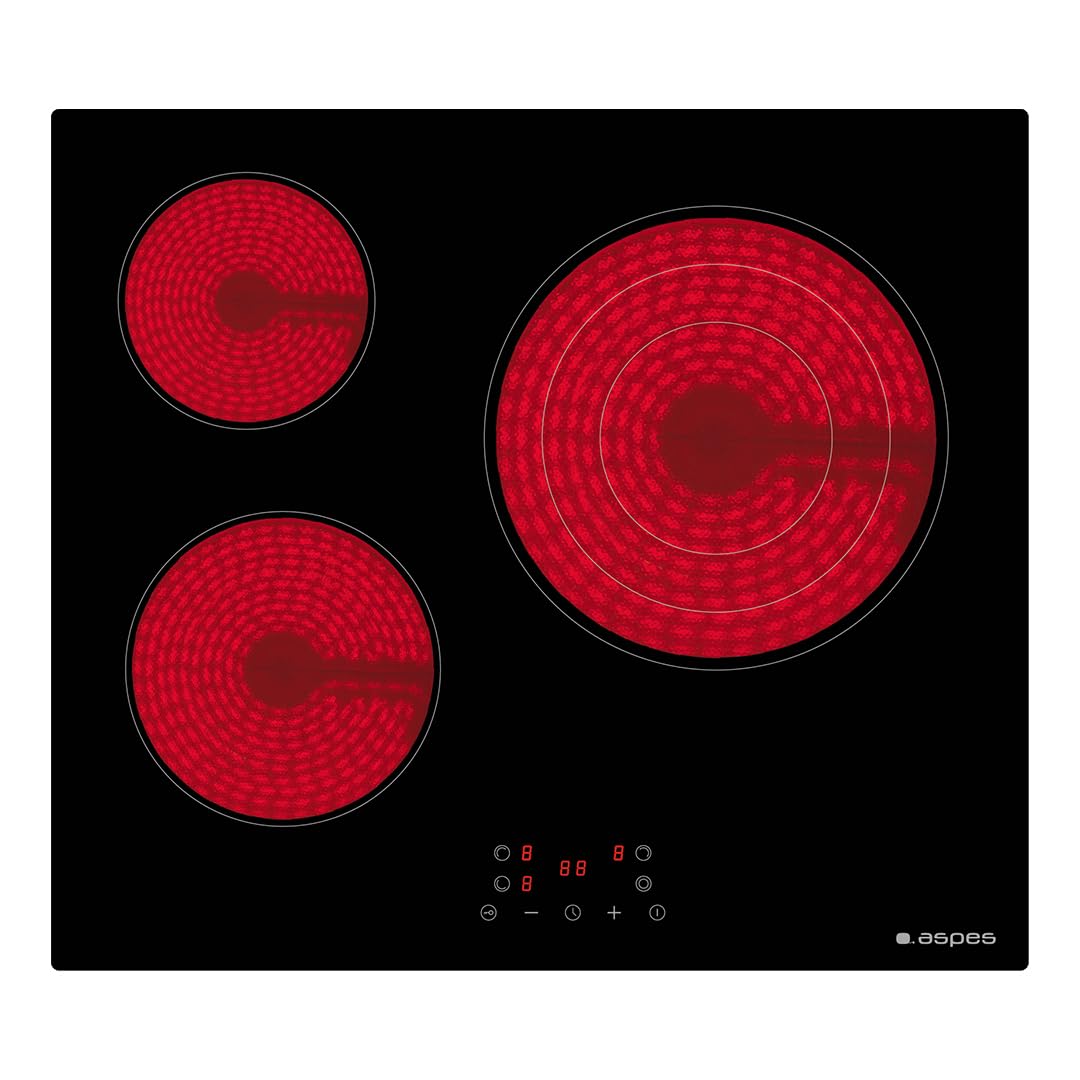 Aspes Placa Vitrocerámica Cristal negro AV3602. Potencia máx. 5700 W, 3 Zonas de Cocción, 9 Niveles de Cocción, Control Táctil, Bloqueo y Autodesconexión de Seguridad