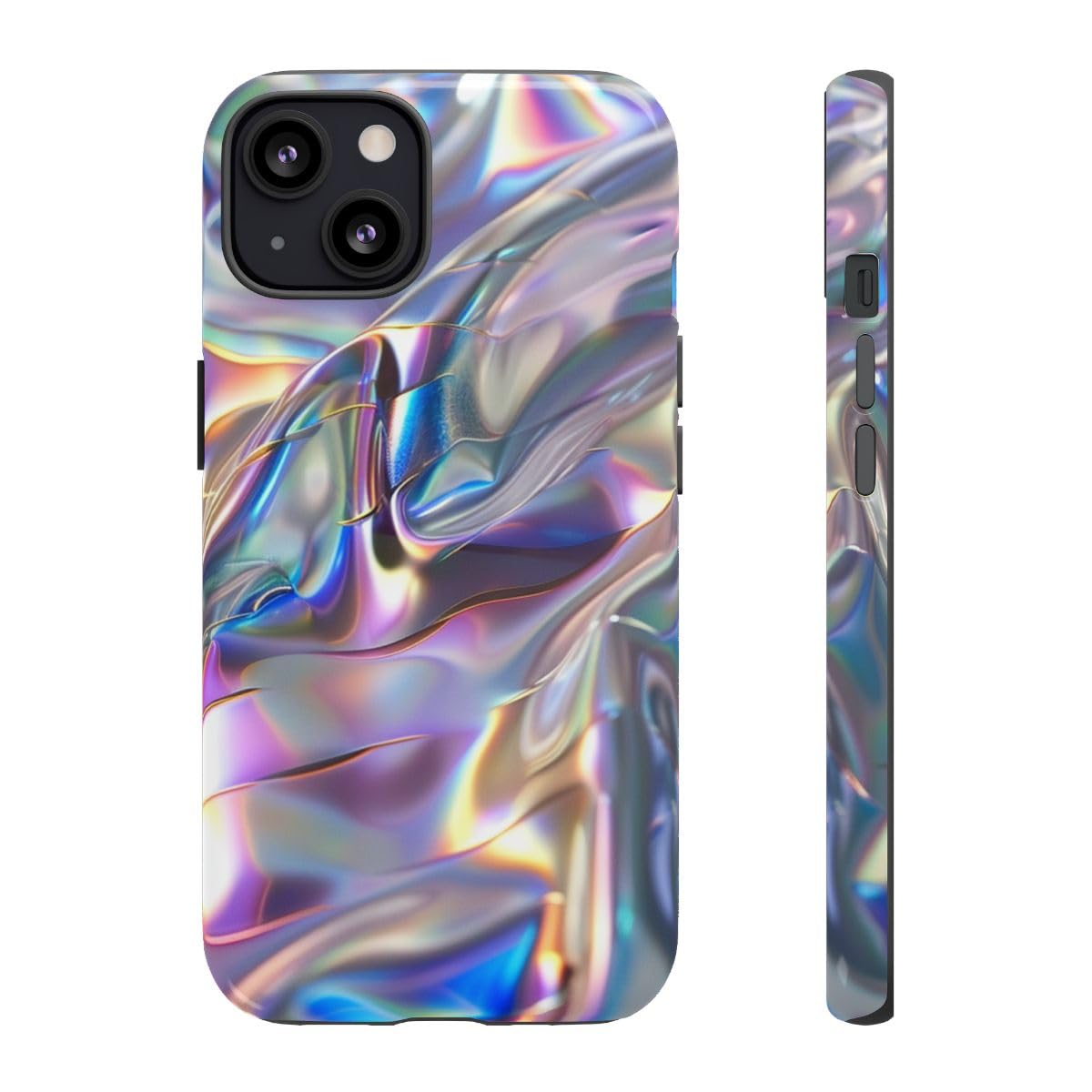 Coque rigide brillante texture holographique irisée iPhone 13