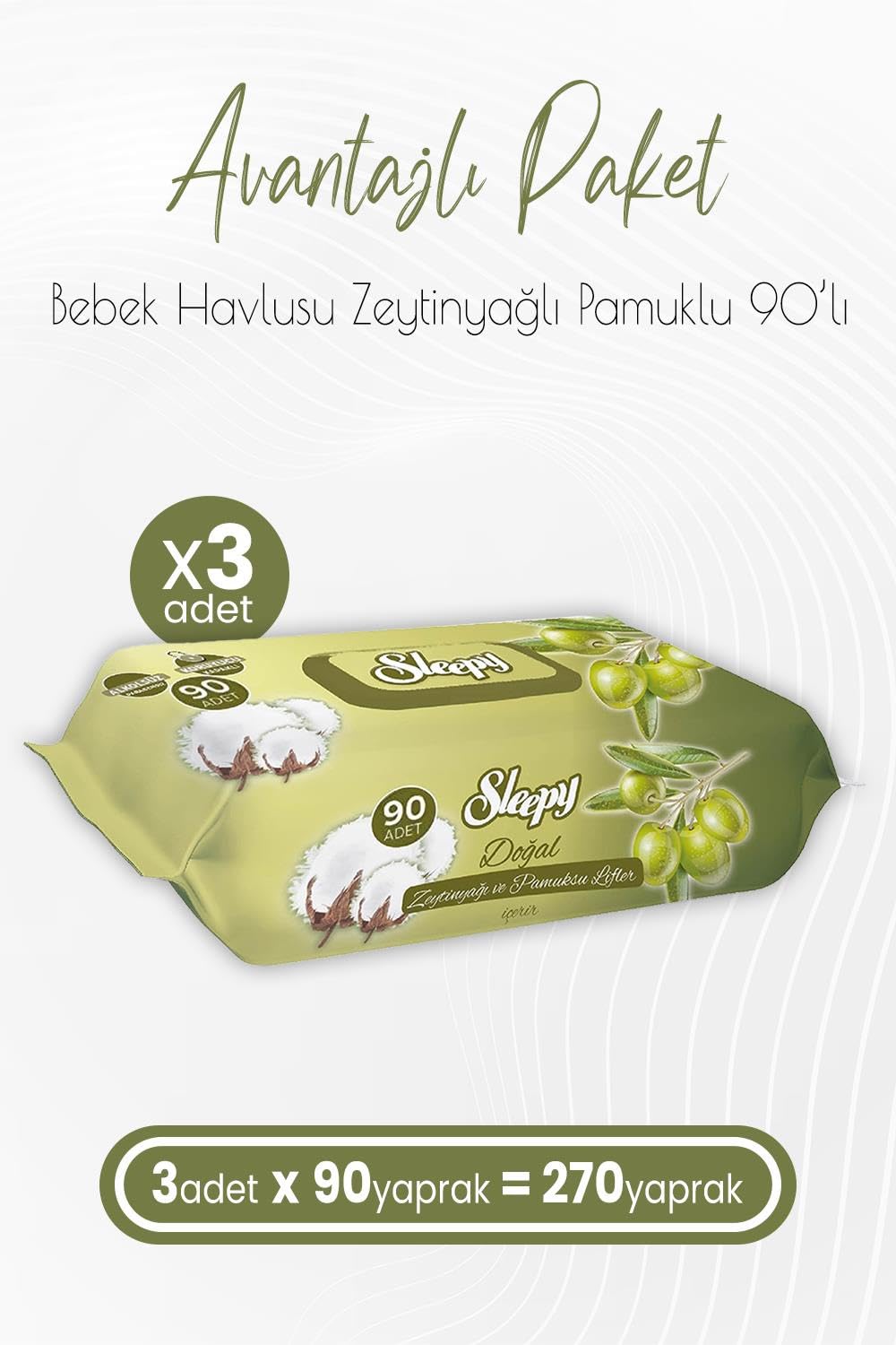 Sleepy Zeytinyağlı ve Pamuklu Islak Bebek Havlusu 90 Yaprak x 3 (270 Yaprak)