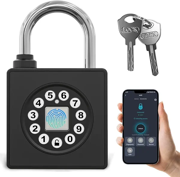 SFW Fingerprint Padlock with Key,Heavy Duty Combination Lock Locker,Water Resistance with Codes APP Access for Outdoor Fence Gate Pool Shed Gym Lock Storage