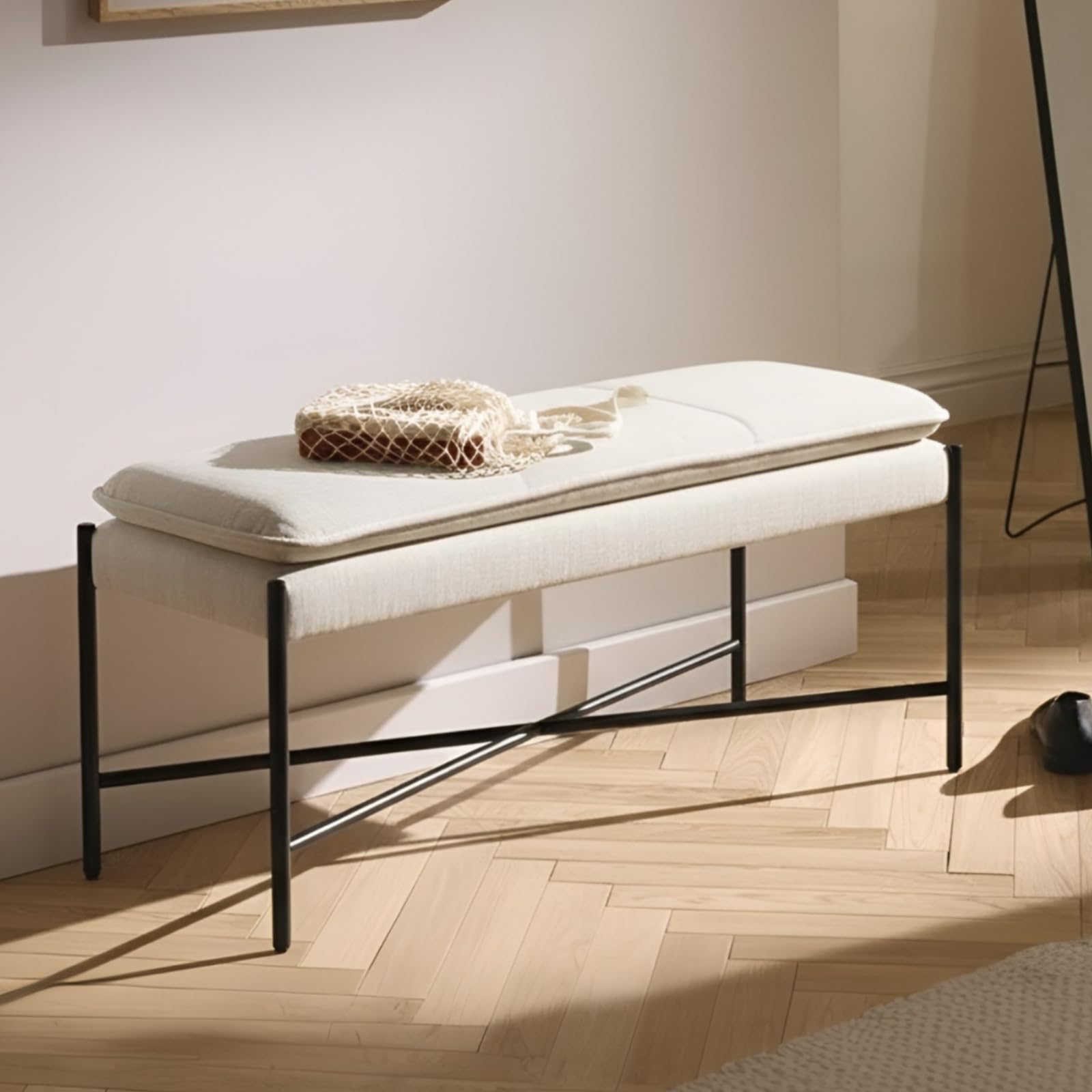 Ya-Home Banc Bout de Lit Moderne,Banquette d'Entrée,Lin,Beige | Banc Ottoman d'Entrée à Double Couche Rembourré,Pieds Métalliques,pour Entrée Salon Chambre à Coucher