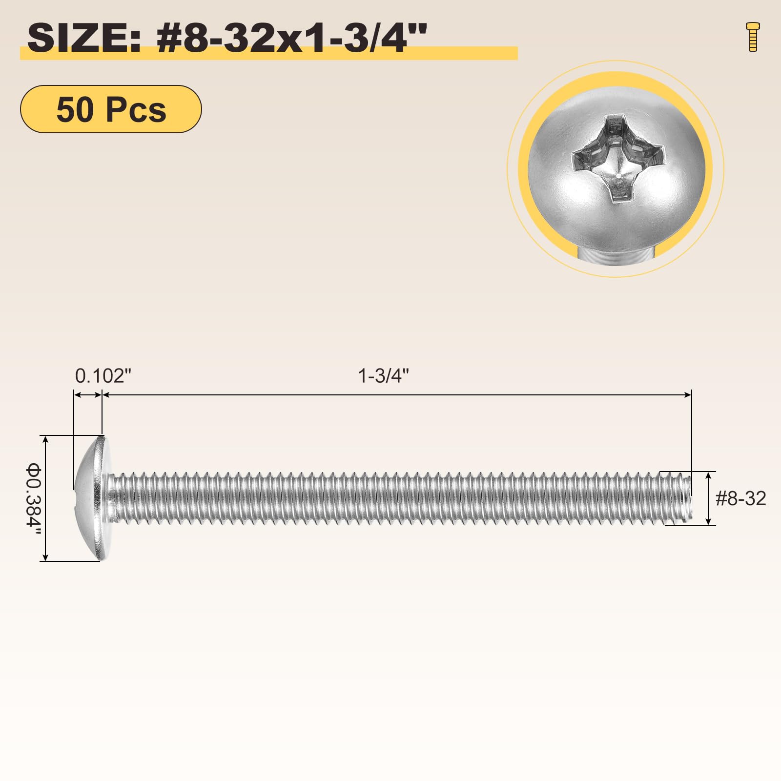 METALLIXITY Machine Screws Phillips Head(#8-32x1-3/4") 50Pcs, 304 Stainless Steel Round Head Phillips Drive Furniture Bolts - Image 2