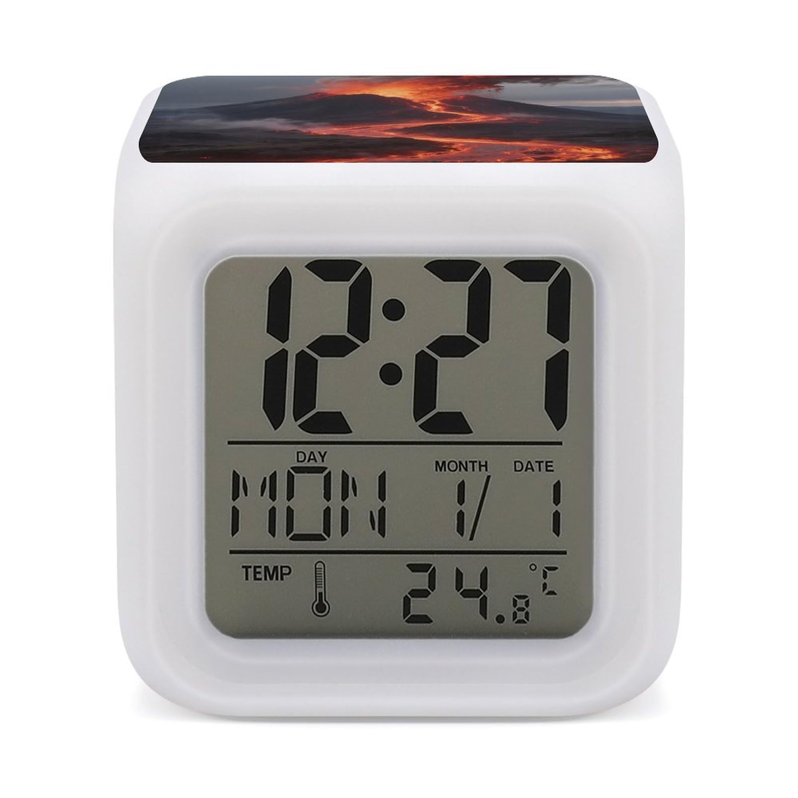 FodPand 7 Color Ambient Night Light Cube Battery Operated Volcano Digital Clock with Snooze Temperature LED Digital Alarm Clocks Dimmable Wake Up Light Portable Mood Lamp for Bedroom Desk Gift