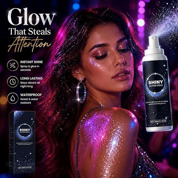 Image of Shiny Glitter Spray for Face Body Hair | Long Lasting Fine Shimmer Spray | Lightweight Quick Dry Sparkle Mist for Makeup Party Wedding Festival Photoshoot | Radiant Glow Finish | 60ml