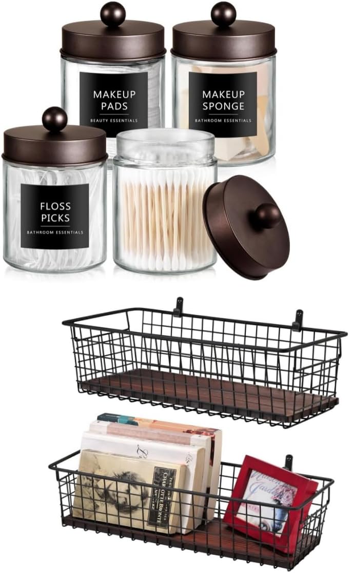 SheeChung Qtip Dispenser Holder 4pcs, Glass Apothecary Jars with Bronze Stainless Steel Lids &Stickers Portable Metal Farmhouse Wall Decor Storage Organizer Basket Bin with Handles & Floating Shelves